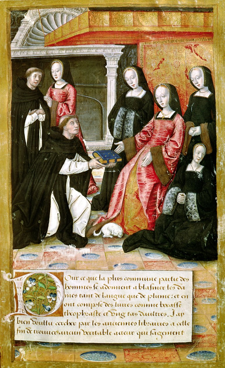 Ms.17 fol.1 المؤلف يقدم كتابه إلى آن بريتاني (1477-1514) من Vie des Femmes Celebres، c.1505 بواسطة المدرسة الفرنسية