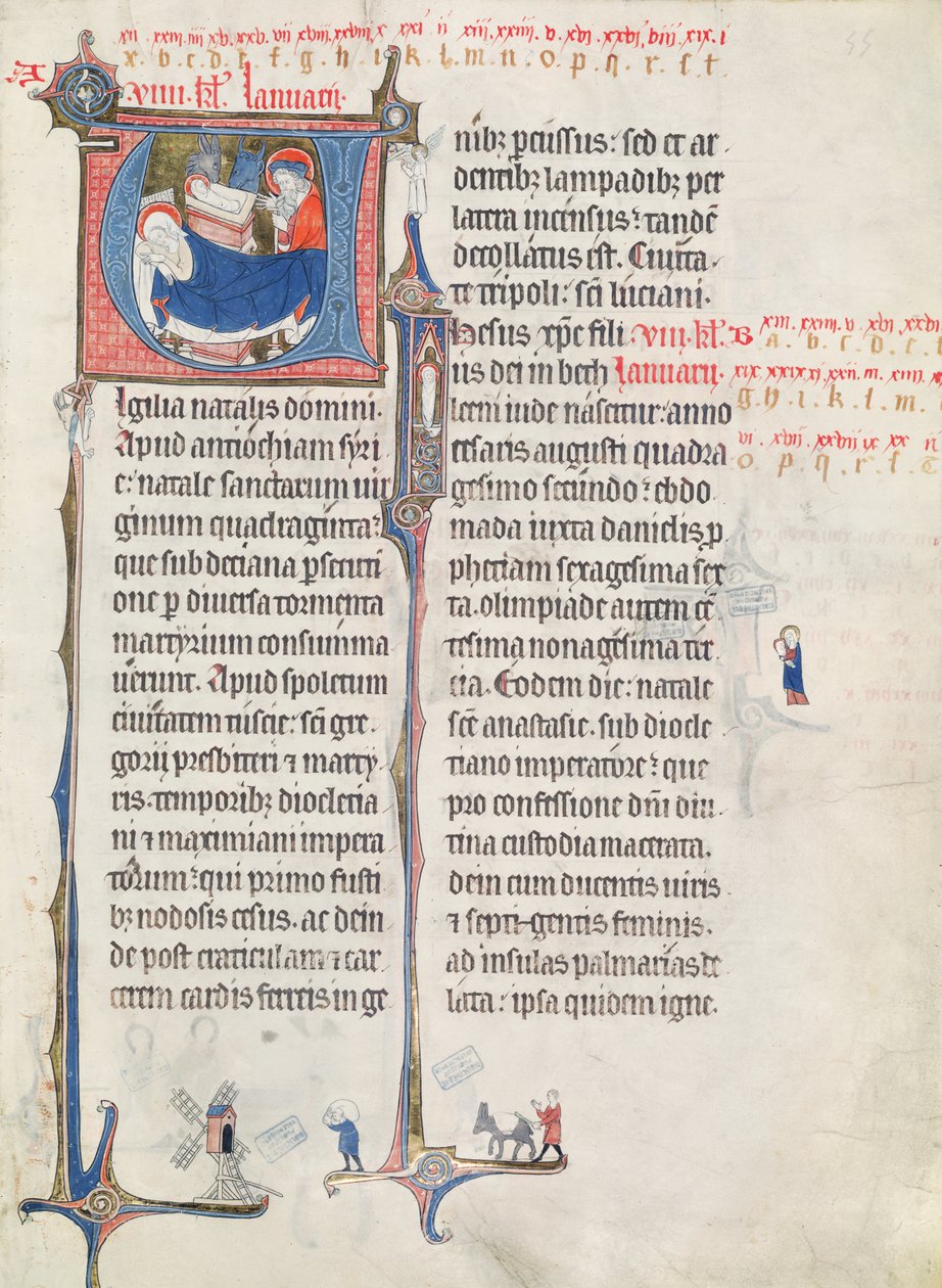 Ms.838 fol.55 بالاحرف الاولى التأريخية "U" و "I" التي تصور الميلاد والمسيح الرضيع ، من "Obituaire de Notre Dame de Pres" ، بعد عام 1270 (انظر أيضًا 155905) بواسطة المدرسة الفرنسية