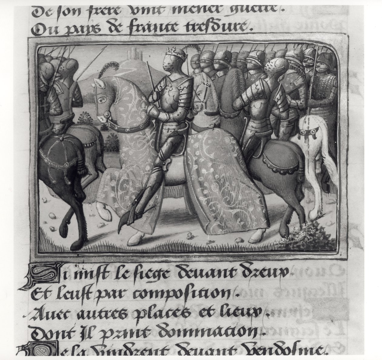 Ms.Fr.5054 fol.26 r Charles VII (1403-61) and Joan of Arc at the Siege of Dreux، from Les Vigiles de Charles VII by Martial dAuvergne or de Paris (1430-1508) 1484 بواسطة المدرسة الفرنسية