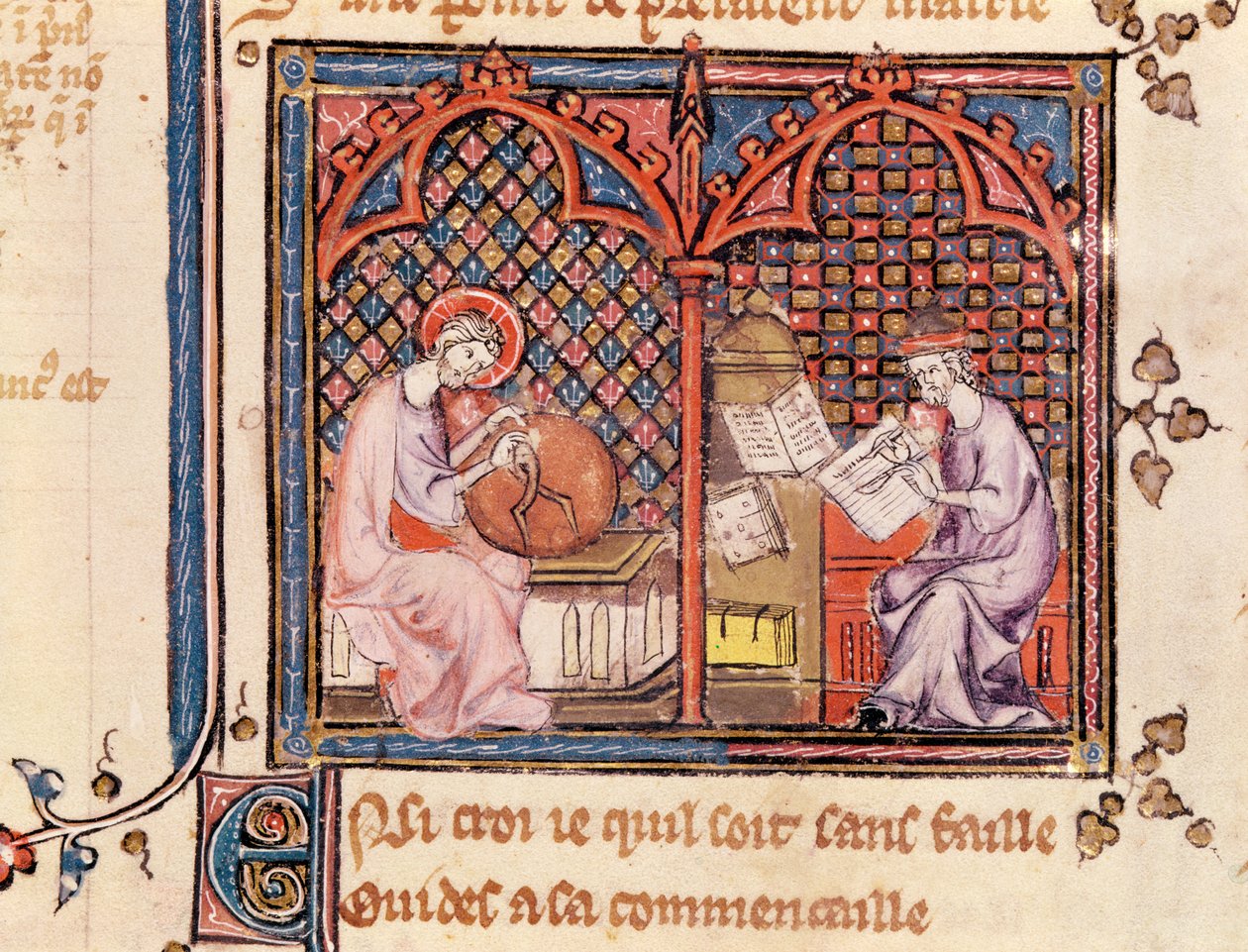 السيدة 1044 Fol.16v الكلمة ، خالق العالم والمؤلف يكتب كتابه ، من Ovide Moralise بقلم كريتيان ليجوايس بواسطة المدرسة الفرنسية