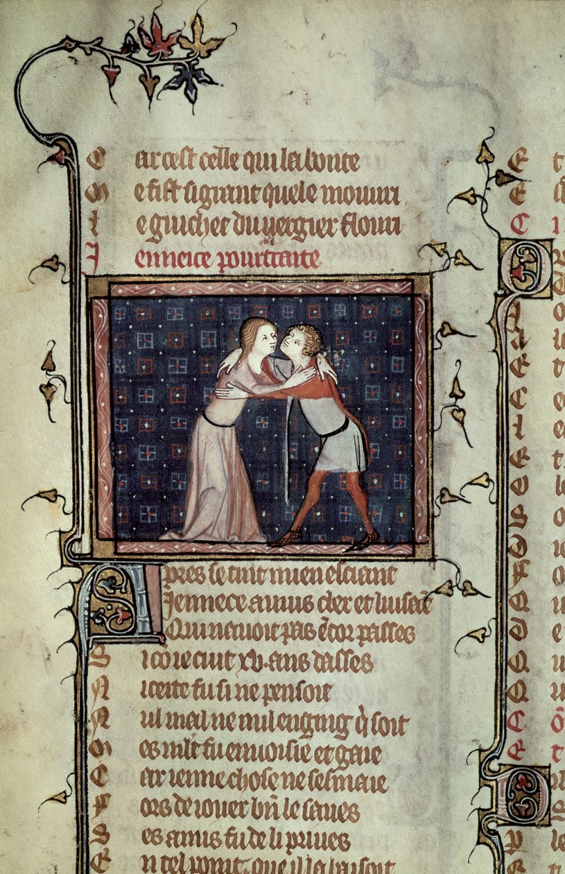 Ms 1126 fol.8r Youth and Love Embracing، from Le Roman de la Rose by Guillaume de Loris and Jean de Meung بواسطة المدرسة الفرنسية