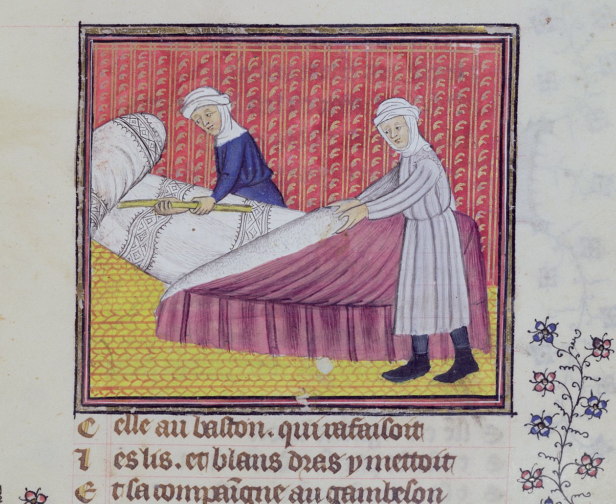 السيدة 1130 fol.83r العفة والفقر يصنعان سريرًا ، من Le Roman des Trois Pelerinages بقلم غيوم دي ديغلفيل بواسطة المدرسة الفرنسية
