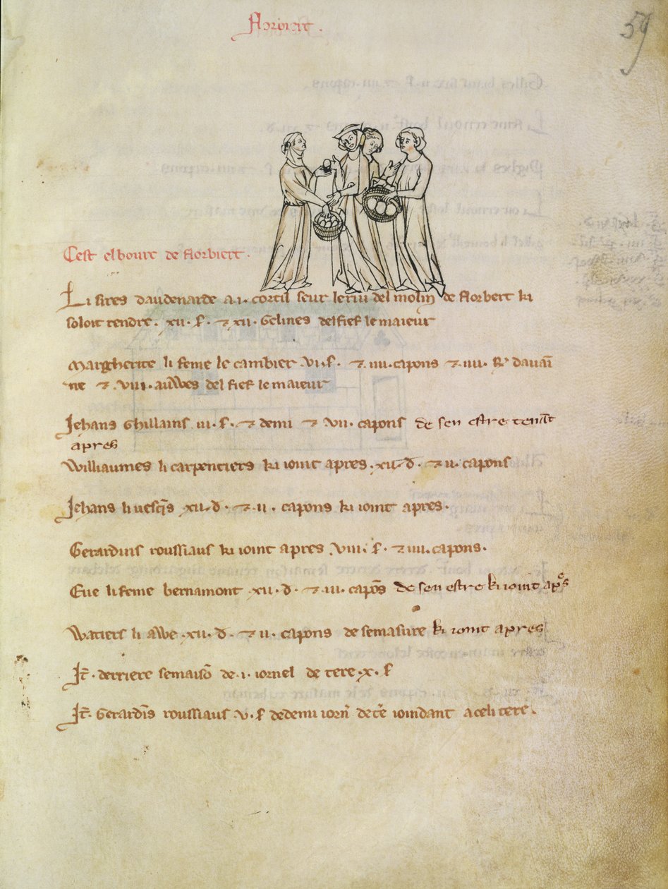 السيدة 1175 f.59r المرأة التي تشتري البيض ، من Vieil Rentier dAudenarde ، 1291-1302 بواسطة المدرسة الفرنسية