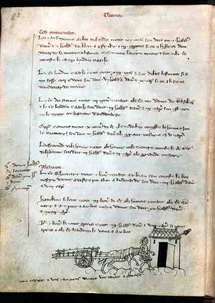السيدة 1175 f.8v مزارع مع حصانه وعربة ، من Vieil Rentier dAudenarde ، 1291-1302 بواسطة المدرسة الفرنسية