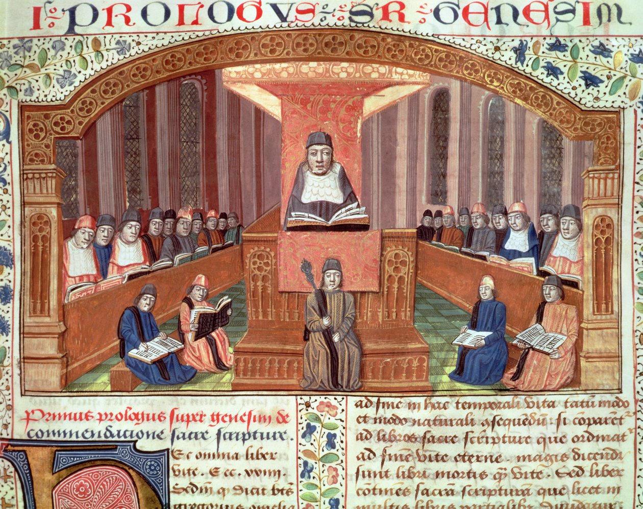 Ms 129 f.32 درس في علم اللاهوت في السوربون ، من Postilles sur le Pentateuch ، توضيح للنص الذي كتبه نيكولاس دي لاير بواسطة المدرسة الفرنسية