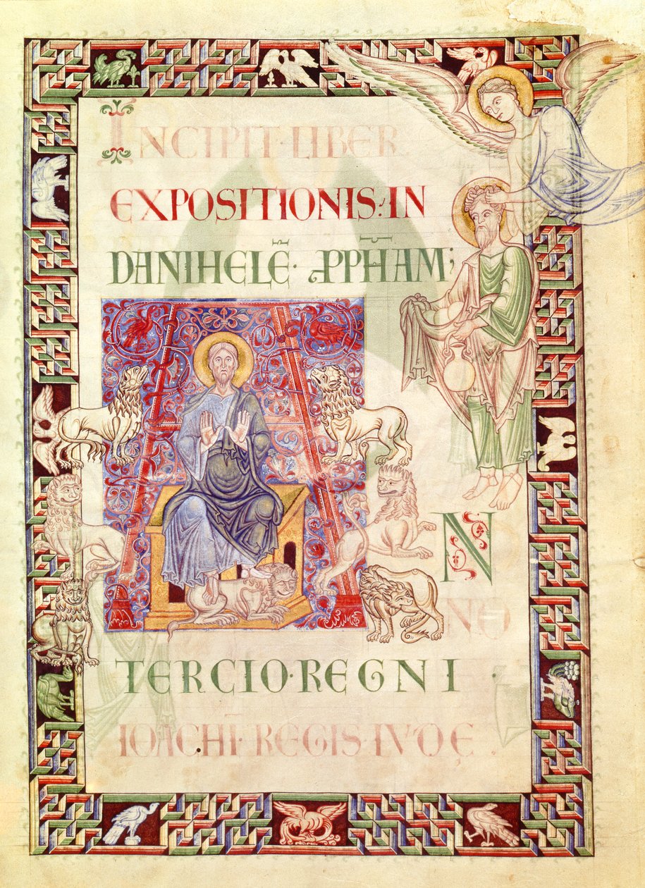 السيدة 132 f.2v دانيال في أسود دين بنك الاحتياطي الفيدرالي بواسطة Habakkuk ، من Explanatio in Prophetas et Ecclesiasten بواسطة St. Jerome بواسطة المدرسة الفرنسية