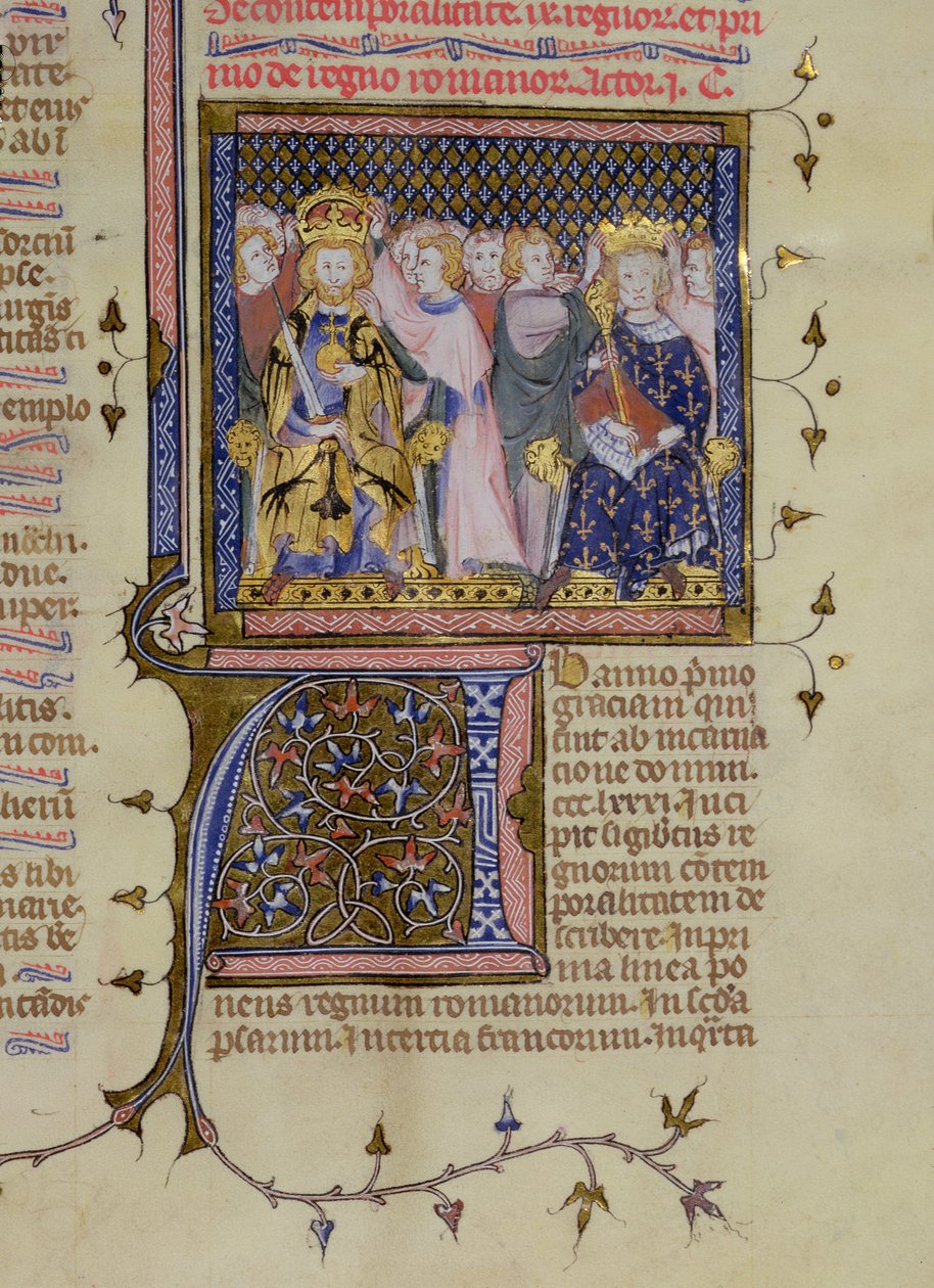 السيدة 13. fol 232 تتويج لويس التاسع (121415-70) وربما فريدريك الثاني (1194-1250) ، من مزمور بقلم بيير لومبارد ، أوائل القرن الخامس عشر بواسطة المدرسة الفرنسية