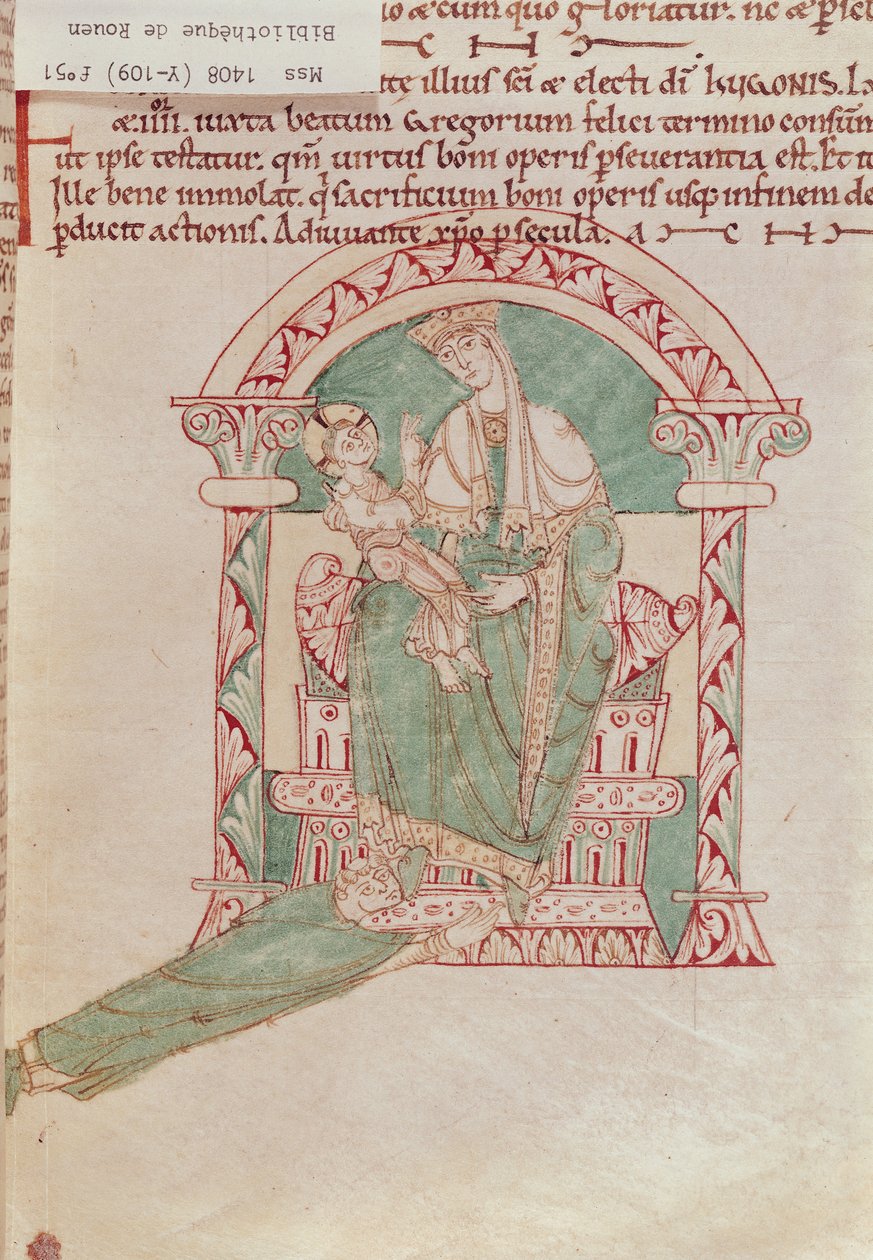 Ms 1408 fol.51 العذراء والطفل مع القديس غريغوريوس الكبير (540-604) من Sermons et Vies de Saints بواسطة المدرسة الفرنسية