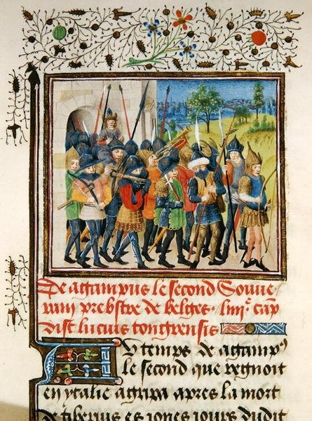 Ms 149 t.1 fol.45 جيش في حملة ، من هيستوار دي نوبليس أمراء دي هينو ، بقلم جاك دي جويز بواسطة المدرسة الفرنسية
