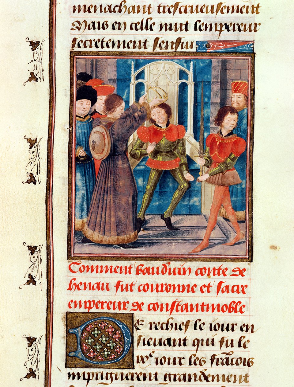 السيدة 149 t.3 fol.183v كيف توج بالدوين الأول (1171-1205) الكونت السادسة لهينو ، كإمبراطور القسطنطينية عام 1204 ، من هيستوار دي نوبليس أمراء دي هينو ، بواسطة جاك دي جويز بواسطة المدرسة الفرنسية
