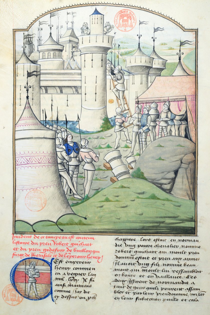 السيدة 1560 الاستيلاء على القدس عام 1099 من قبل جودفري دي بوالون والصليبيين خلال الحملة الصليبية الأولى ، صورة مصغرة من فلور دي هيستويرس بواسطة المدرسة الفرنسية