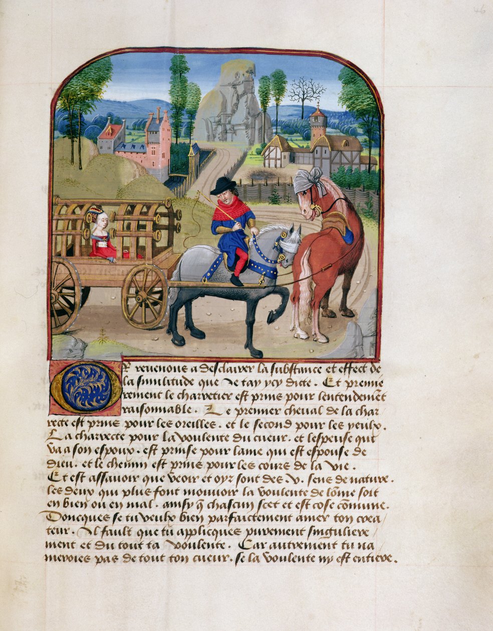 السيدة 165 fol.46r سيدة في عربة مغطاة رسمها حصانان ، من التدريس دون جون برنس بواسطة رينيه دانجو ، c.1465-68 بواسطة المدرسة الفرنسية