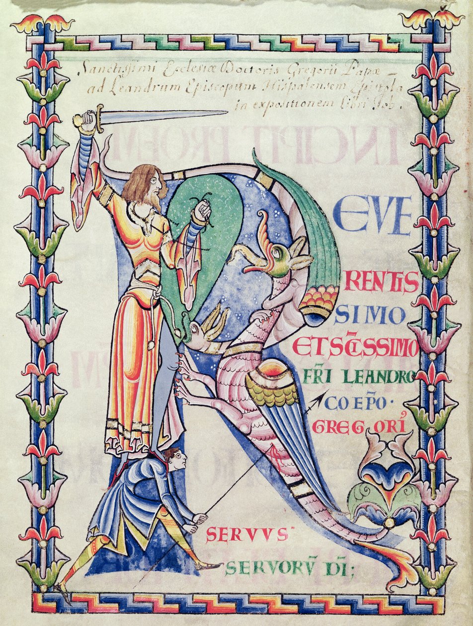 السيدة 168 f.4v R الأولي التاريخي الذي يصور فارسًا يحارب تنينًا ، من Moralia in Job بواسطة البابا غريغوريوس الكبير بواسطة المدرسة الفرنسية