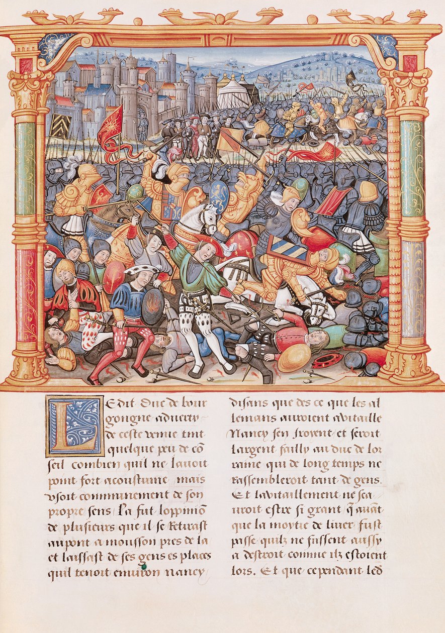 السيدة 18 fol.150r معركة نانسي عام 1477 ، من Memoires de Philippe de Commines بواسطة المدرسة الفرنسية