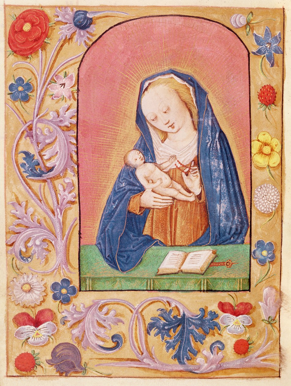 السيدة 20 fol.42v العذراء والطفل يلعبان مع مسبحة ، من كتاب ساعات ، أوائل القرن الخامس عشر بواسطة المدرسة الفرنسية