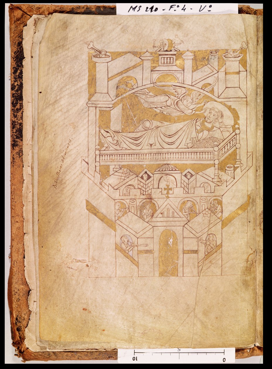 Ms 210 fol.4v رؤية القديس أوبير ، من كارتولاير دي مونت سانت ميشيل ، خمسينيات القرن الحادي عشر بواسطة المدرسة الفرنسية