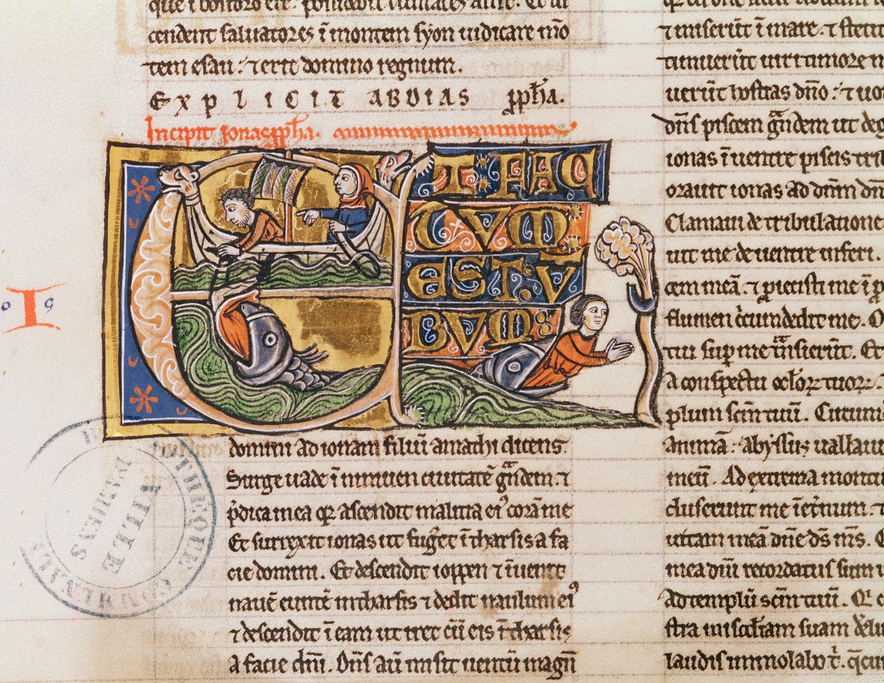 السيدة 21 Fol.163v E الأولي التاريخي الذي يصور أن يُلقى يونان في البحر ، من إنجيل غير محدد بواسطة المدرسة الفرنسية