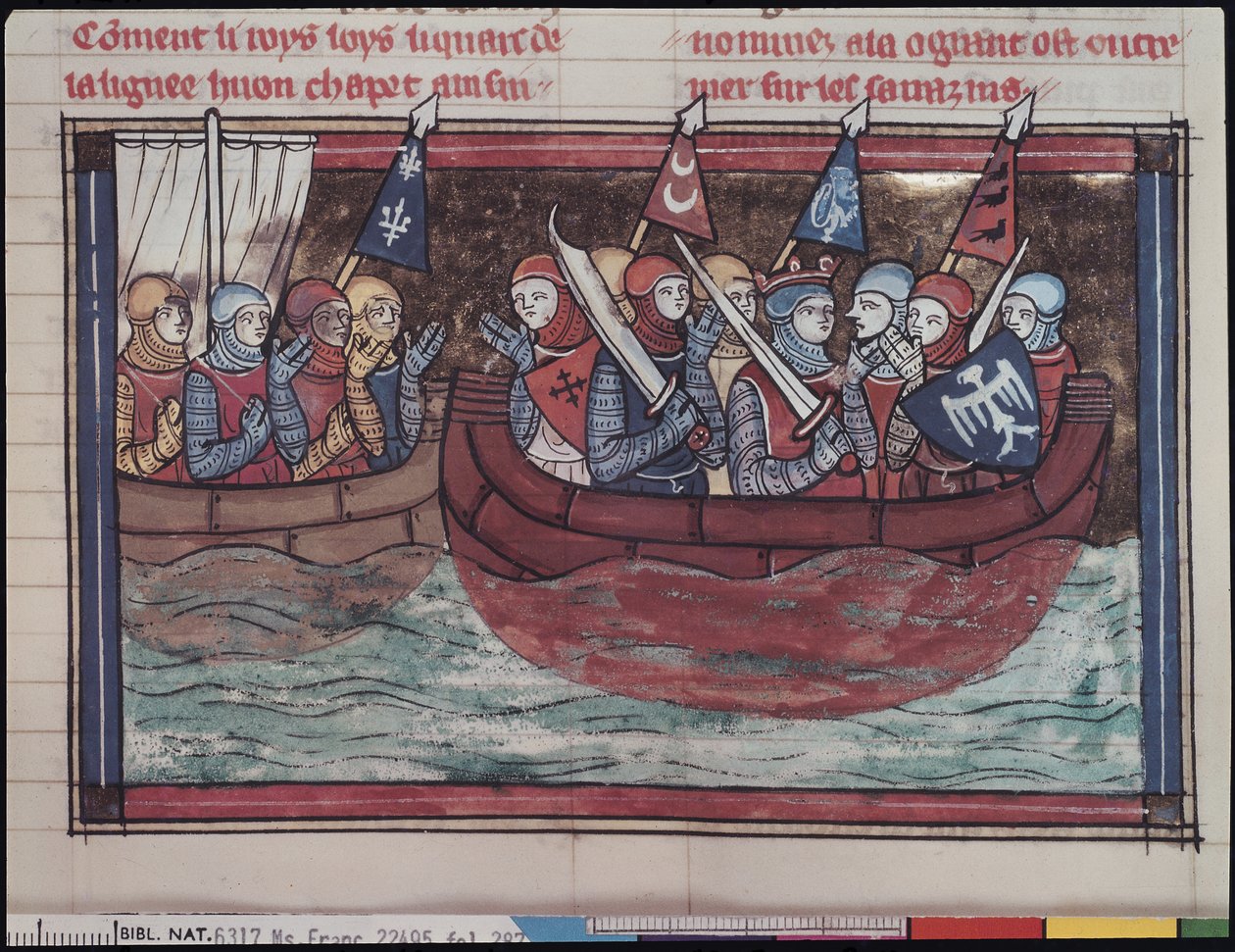 السيدة 22495 fol.287 الانطلاق للخارج ، من Le Roman de Godefroi de Bouillon ، 1337 بواسطة المدرسة الفرنسية