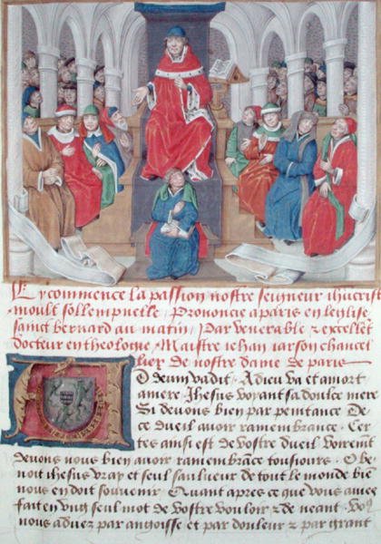 السيدة 230 ، الورقة 1 ، جان دي جيرسون (1363-1429) ، تكرز بالعاطفة في الصباح في كنيسة القديس برنارد في باريس ، من Sermons sur la Passion et Traites Divers ، c.1480 بواسطة المدرسة الفرنسية
