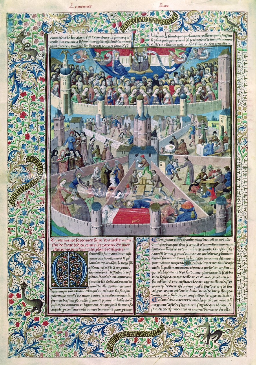 السيدة 246 fol.3v الرذائل والفضائل على الأرض ، من De Civitate Dei بواسطة القديس أوغسطين من فرس النهر (354-430) بواسطة المدرسة الفرنسية