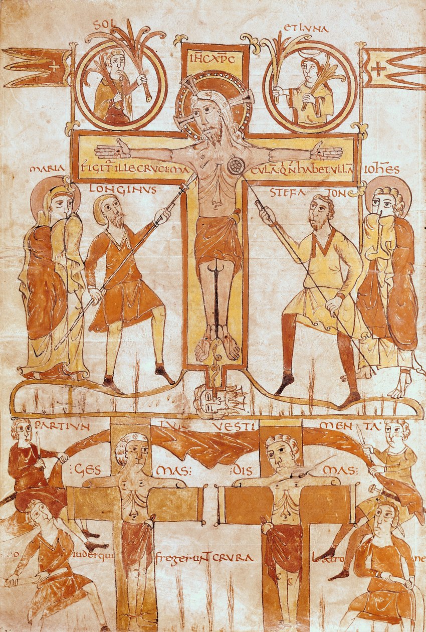 Ms 24 fol.7v الصلب وتقسيم ملابس المخلص ، من إنجيل بواسطة المدرسة الفرنسية