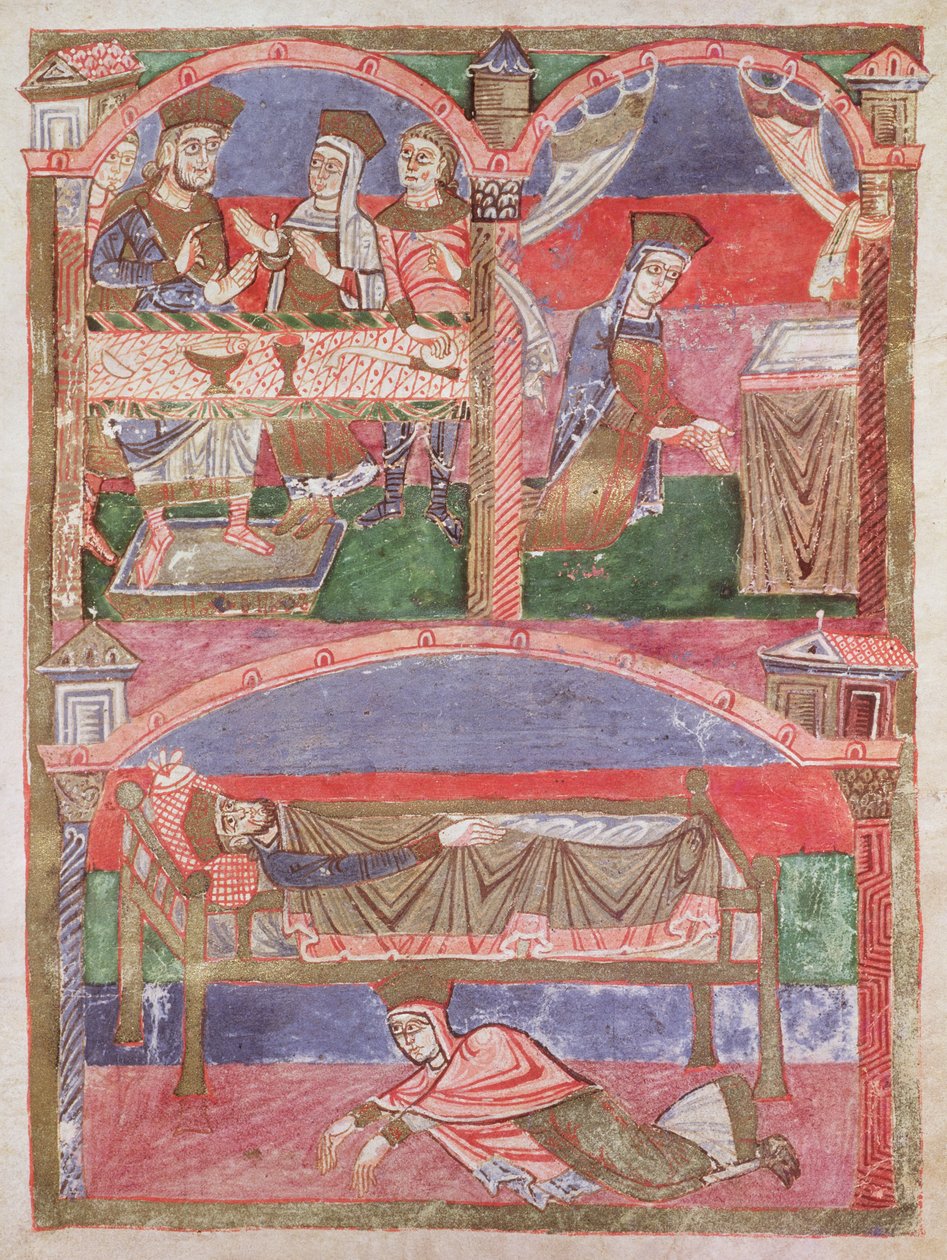 السيدة 250 f.24r St. Radegund (518-87) على مائدة Clothar I (497-561) ، في خطبتها وعند أقدام السرير الملكي ، من حياة St. Radegund بواسطة المدرسة الفرنسية