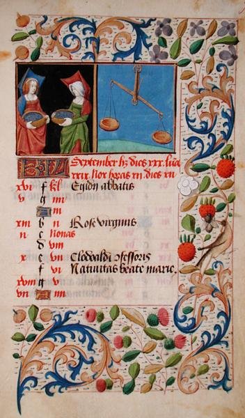 الآنسة 2697 تقويم لشهر سبتمبر ، من 'Heures de Notre Dame' (vellum) بواسطة المدرسة الفرنسية