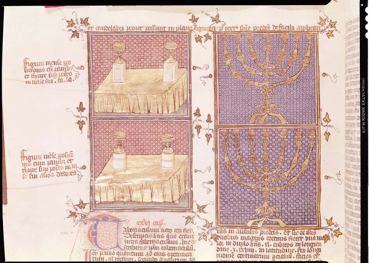 Ms 290 Tome 1 f.89v جدول القرابين والشمعدان ، من Postilles sur la Bible بقلم نيكولاس دي لاير بواسطة المدرسة الفرنسية