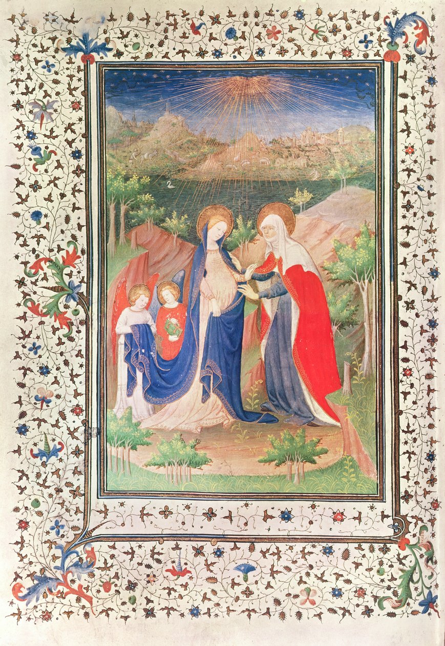السيدة 2 fol.65v الزيارة ، من ساعات Boucicaut ، ج .1410 بواسطة المدرسة الفرنسية