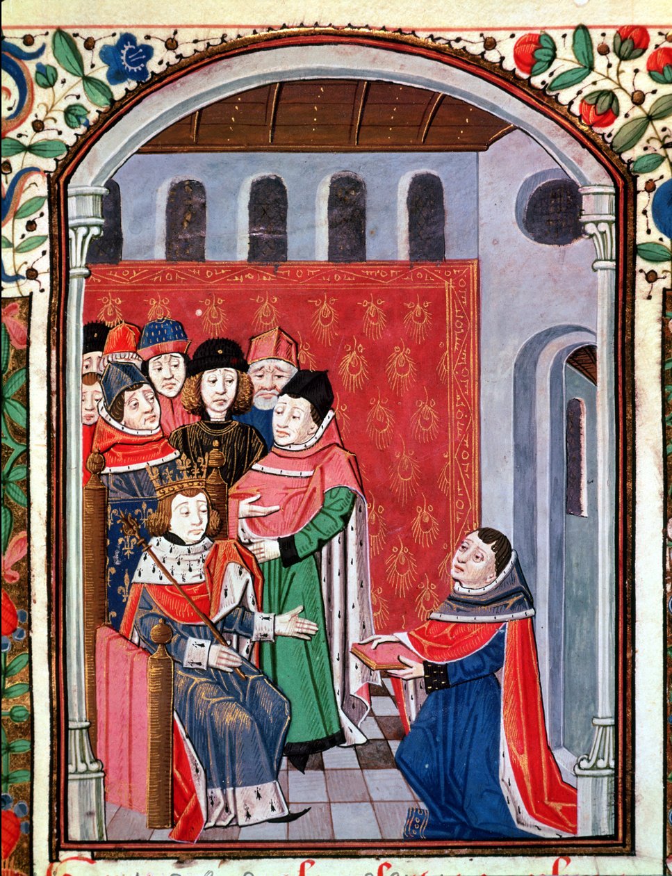 السيدة جان ميننج 3045 صفحة 1 (1240-1305) تقدم ترجمتها إلى فيليب لو بيل (1268-1314) من عزاء الفلسفة بواسطة Boethius بواسطة المدرسة الفرنسية