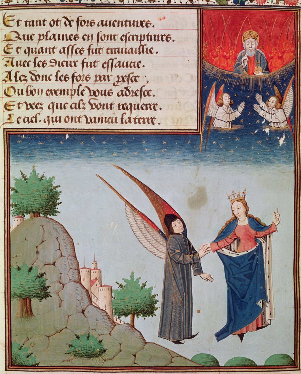 السيدة 3045 fol.94r سيدة الفلسفة تقود Boethius في رحلة إلى السماء على الأجنحة التي أعطته إياها. الله الآب ينظر إليه بالبركة بواسطة المدرسة الفرنسية