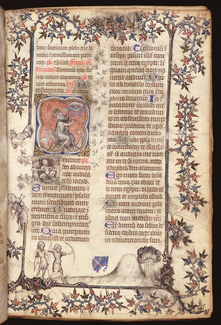 السيدة 306 f.27r الملك داود يجلس ضربات على أجراس من خمسة أجراس ، من Breviary ، استخدام باريس ، 1400 بواسطة المدرسة الفرنسية