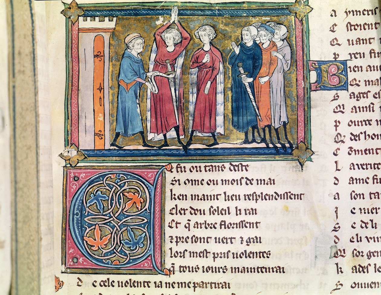 السيدة 3142 ، الصفحة 179 تسلح فارس ، من Recueil de Poesies Francaises ، c.1280-90 بواسطة المدرسة الفرنسية