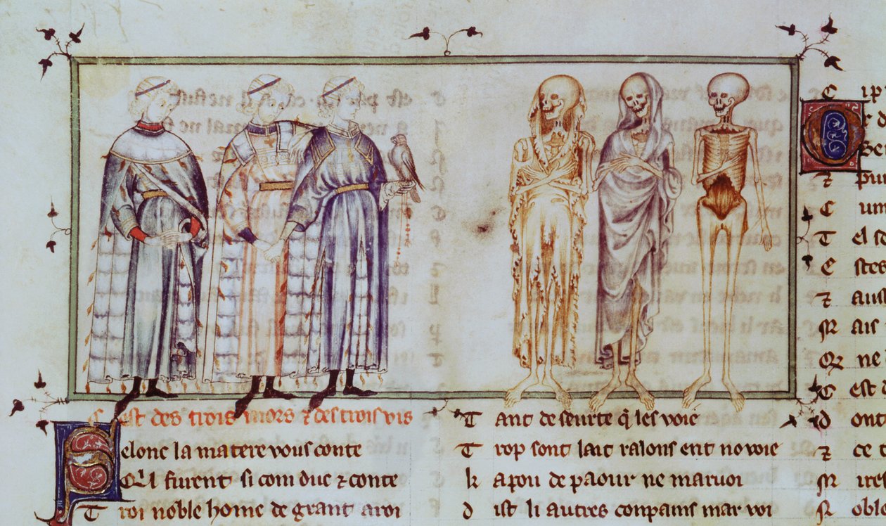 Ms 3142 fol.311r قصة الرجال الأحياء الثلاثة والرجال الثلاثة الميتين ، من Recueil de Poesies Francaises ، c.1280-90 بواسطة المدرسة الفرنسية