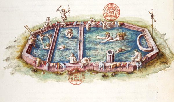 Ms 3243 The Baths of Nerys at Neris-les-Bains ، رسم توضيحي من 'Generale Description du Bourbonnais' بقلم نيكولاس دي نيكولاي بواسطة المدرسة الفرنسية