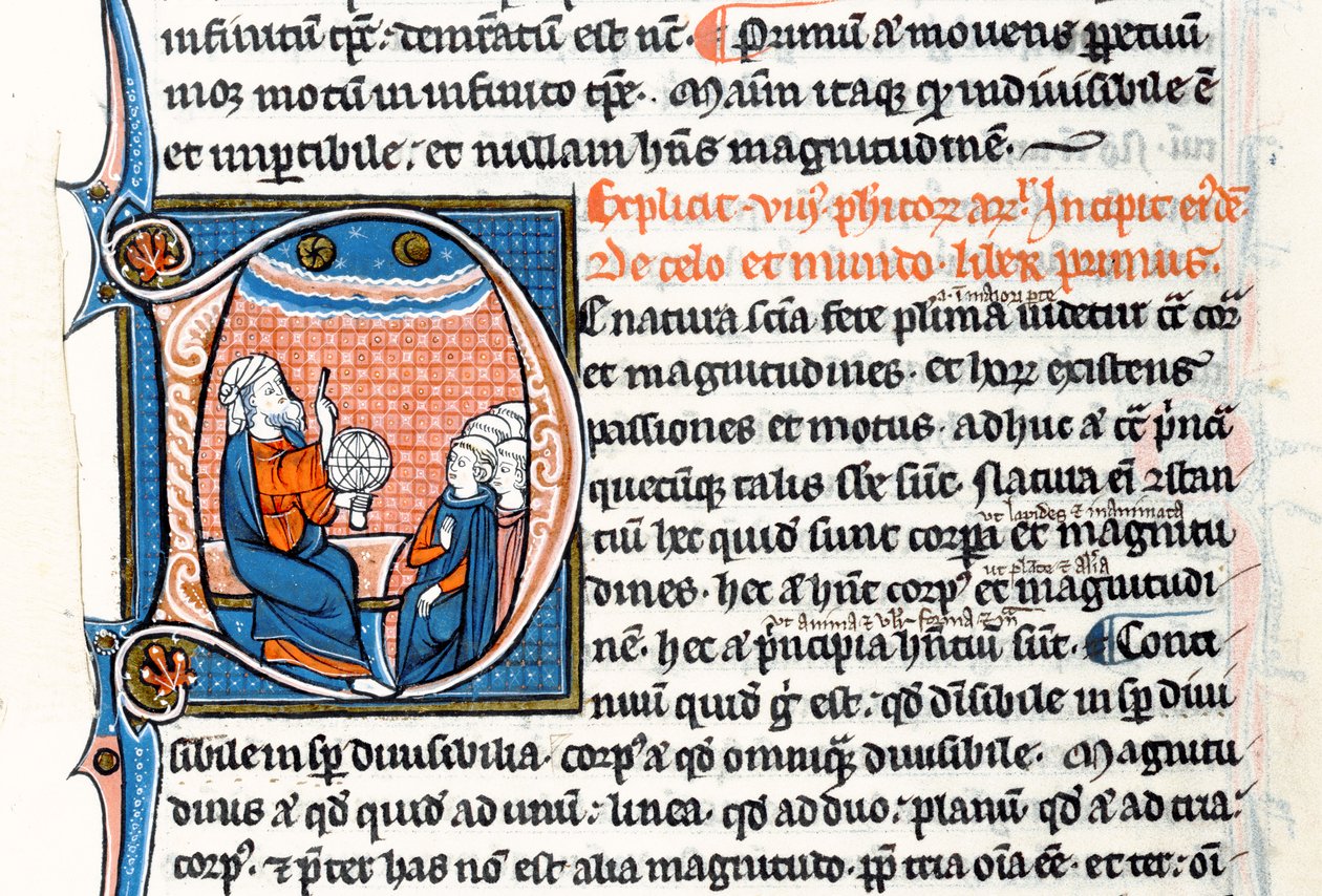 السيدة 3458 fol 62vo D الأولية التاريخية التي تصور أرسطو وهو يمسك كرة armillary ويشير إلى السماوات وهو يعلم مجموعة من رجال الدين من أوروبا الغربية (قلم وحبر و تمبرا على فيل بواسطة المدرسة الفرنسية