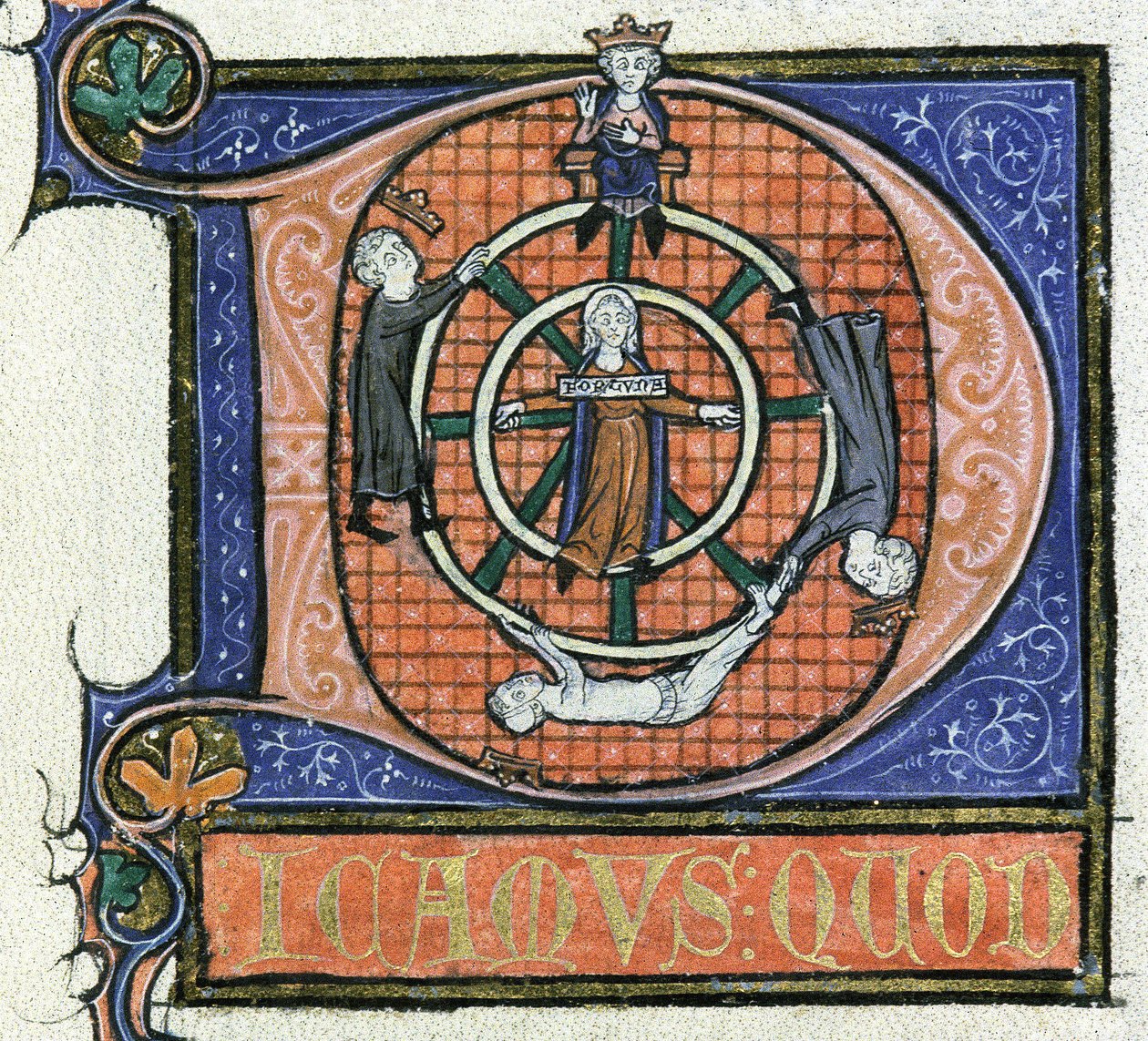 Ms 3469 ، الصحيفة 38 The Wheel of Fortune ، من "الفيزياء" لأرسطو ، حوالي 1280-85 (قلم وحبر وتمبرا على ورق) بواسطة المدرسة الفرنسية