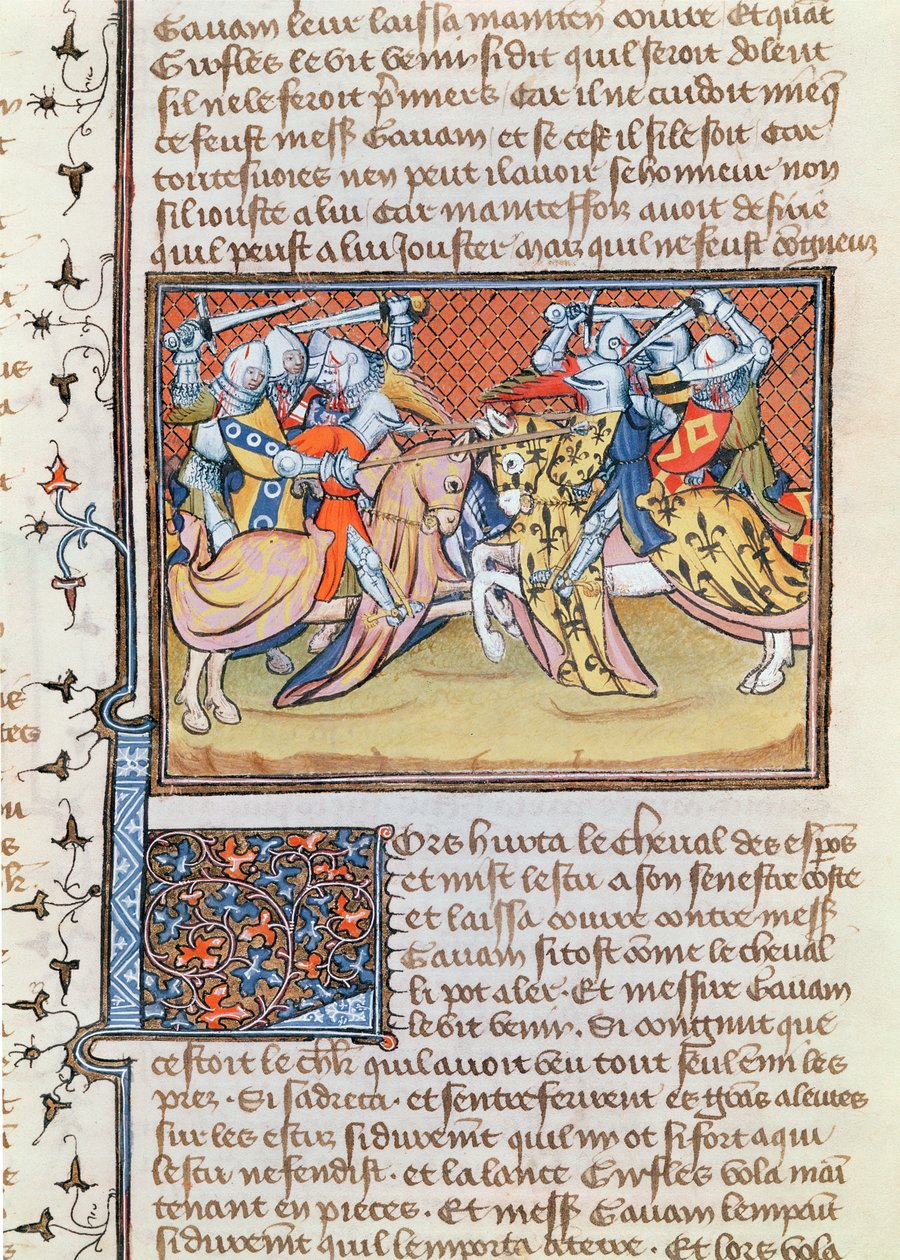 Ms 3479 t.1 fol.539 عندما تتصادم الخيول من Livre de Messire Lancelot du Lac بواسطة المدرسة الفرنسية
