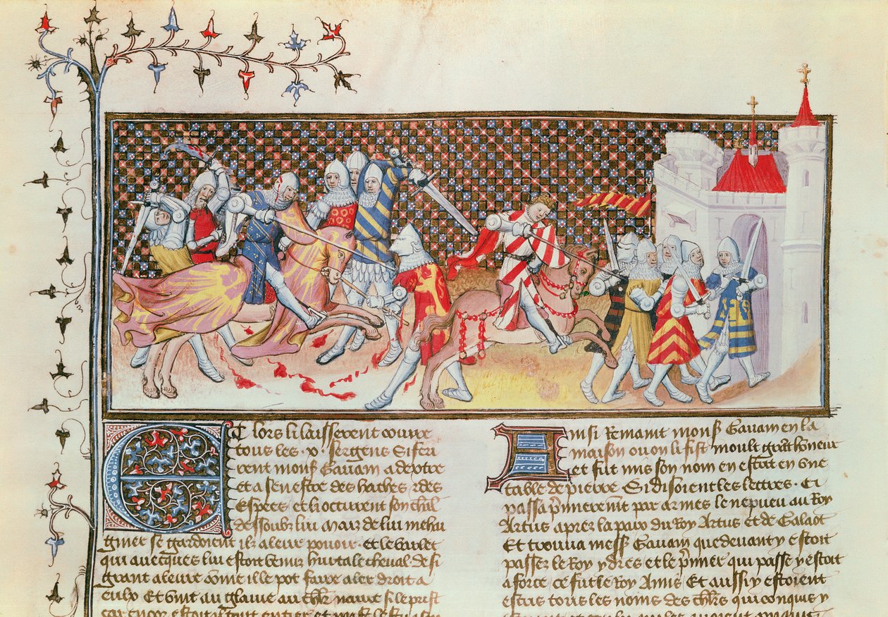 Ms 3479 t.1 fol.558 مشهد قتال الفرسان ، من Livre de Messire Lancelot du Lac بواسطة المدرسة الفرنسية