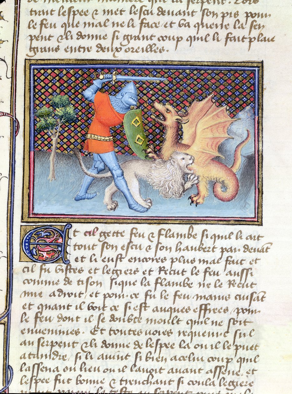السيدة 3480 Yvain ، الفارس مع الأسد ، تقاتل تنينًا ، مصغرًا من Roman de Lancelot بواسطة المدرسة الفرنسية