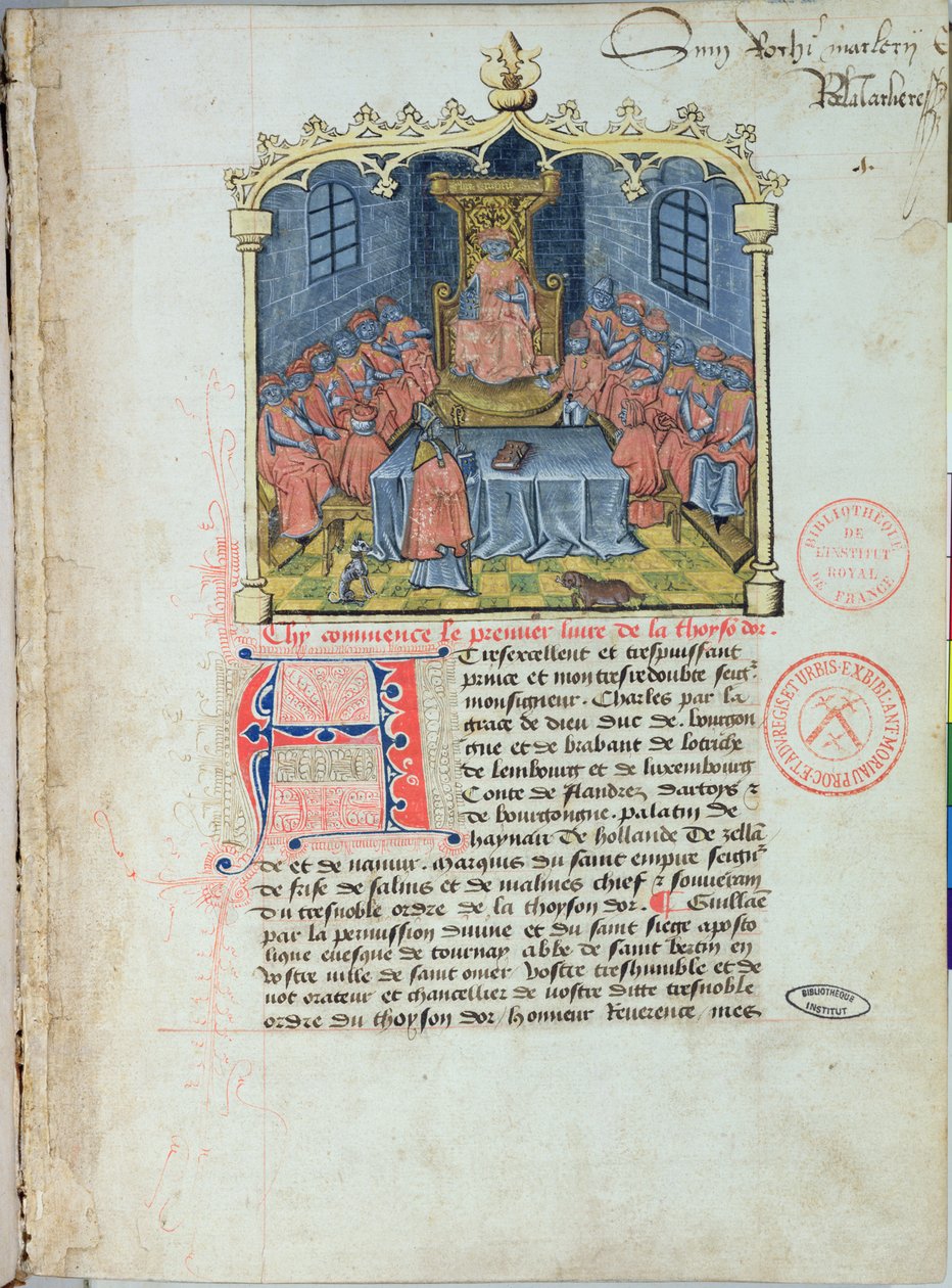 السيدة 363 تشارلز بولد (1433-1477) دوق بورجوندي وفرسان وسام الصوف الذهبي ، من تاريخ الصوف الذهبي بقلم غيوم فيليستر ، منتصف القرن الخامس عشر (انظر أيضًا 1 بواسطة المدرسة الفرنسية
