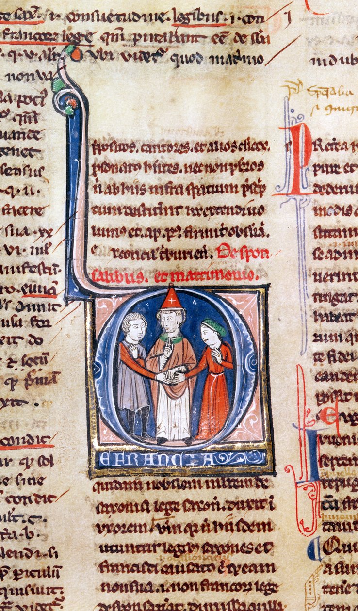 السيدة 365 fol.318v D الأولي التاريخي الذي يصور الزواج ، من Decretals of Gregory IX بواسطة المدرسة الفرنسية