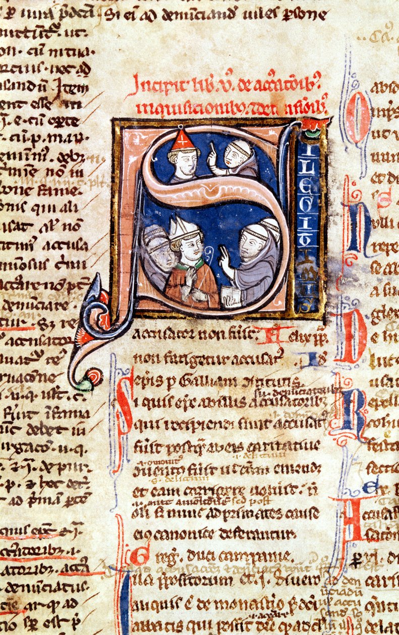 Ms 365 fol.350 S الأولي التاريخي الذي يصور البابا غريغوريوس التاسع (1220-50) مع الأساقفة والرؤساء ، من ديكريتالز غريغوريوس التاسع بواسطة المدرسة الفرنسية