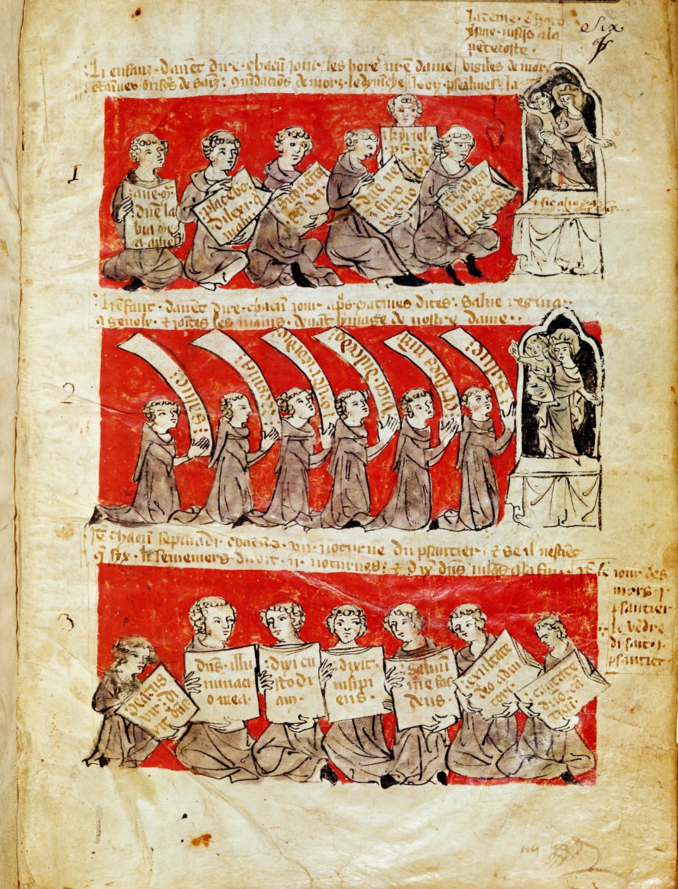 Ms 406 fol.6 مشاهد حياة طلاب كلية هوبانت أو كلية العذراء المباركة في باريس ، من النظام الأساسي لكلية هوبانت ، 1387 بواسطة المدرسة الفرنسية