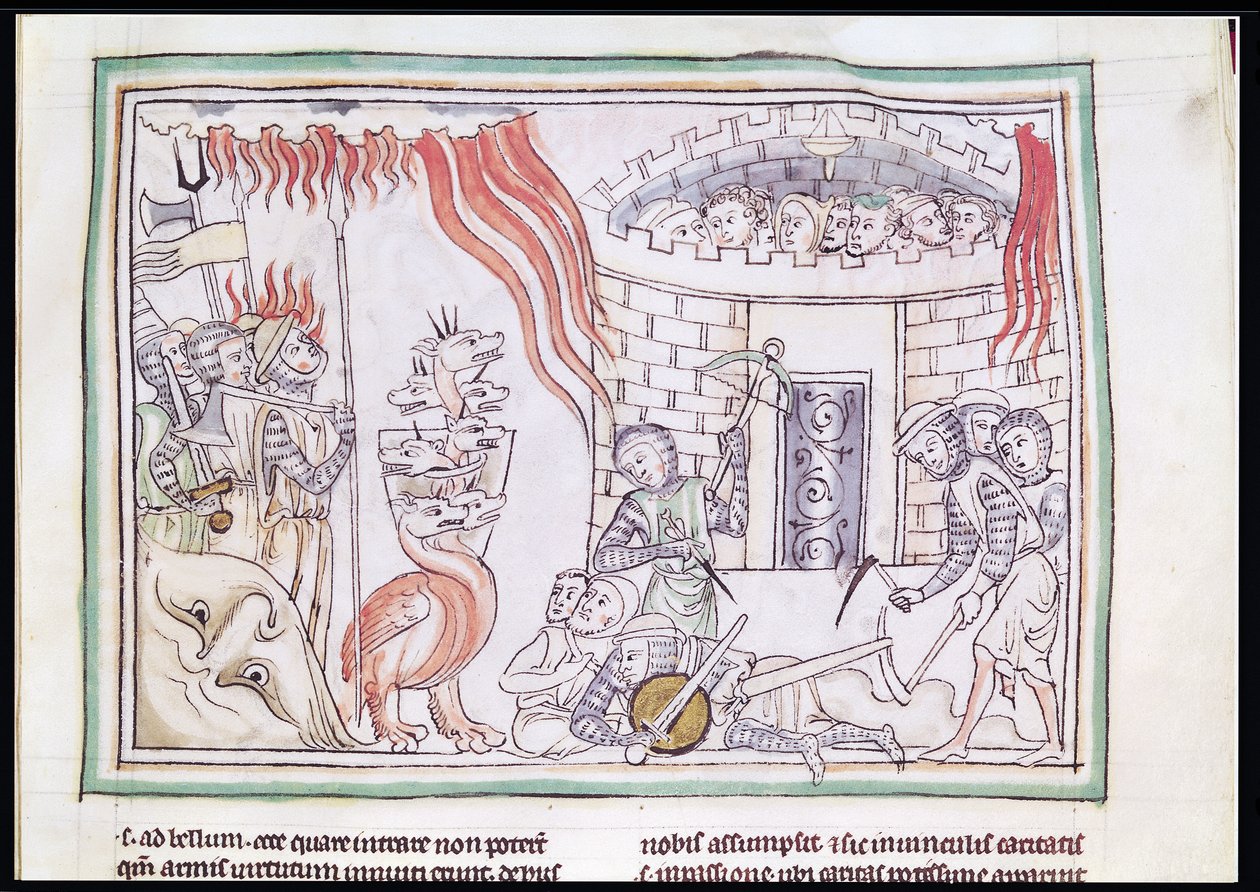 السيدة 422 Fol.95r النار السماوية تدمر جيش الشيطان ، مشهد من نهاية العالم بواسطة المدرسة الفرنسية