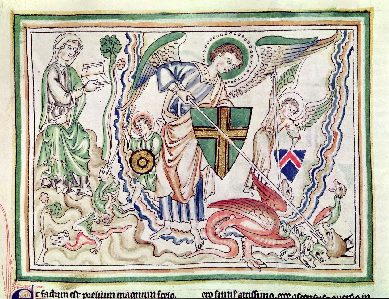السيدة 422 fol.47v القديس ميخائيل يقتل التنين ، من نهاية العالم بواسطة المدرسة الفرنسية