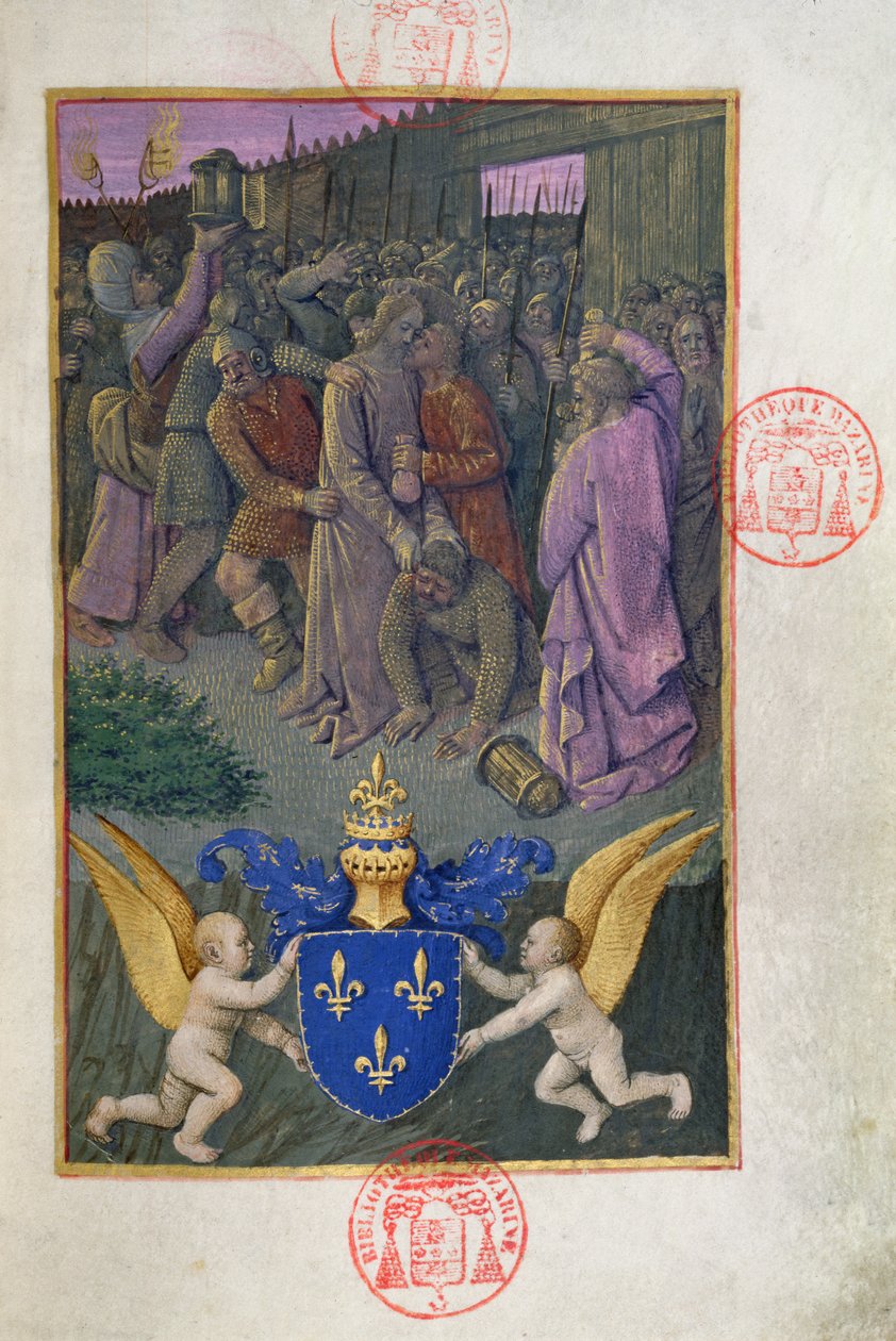 السيدة 473 يهوذا تقبيل المسيح ، منمنمة من ساعات شارل فرنسا ، c.1466-69 بواسطة المدرسة الفرنسية