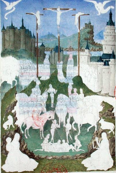 السيدة 473 الصلب أو الجلجثة ، منمنمة غير مكتملة من "Heures de Charles de France" ، حوالي 1466-69 (جواش على الورق) بواسطة المدرسة الفرنسية