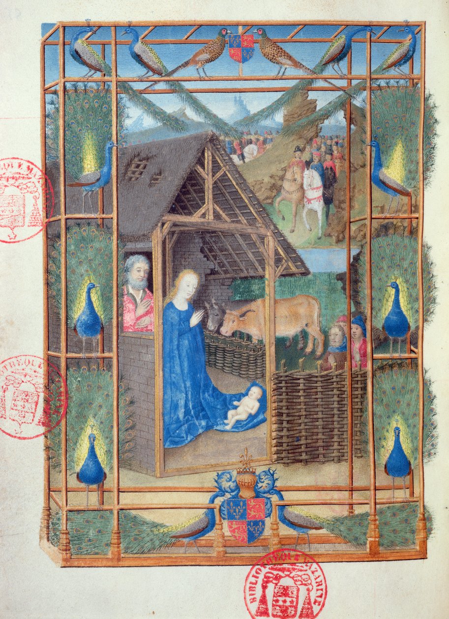 السيدة 473 الميلاد مع الطاووس ، صورة مصغرة من Heures de Charles de France ، c.1466-69 بواسطة المدرسة الفرنسية