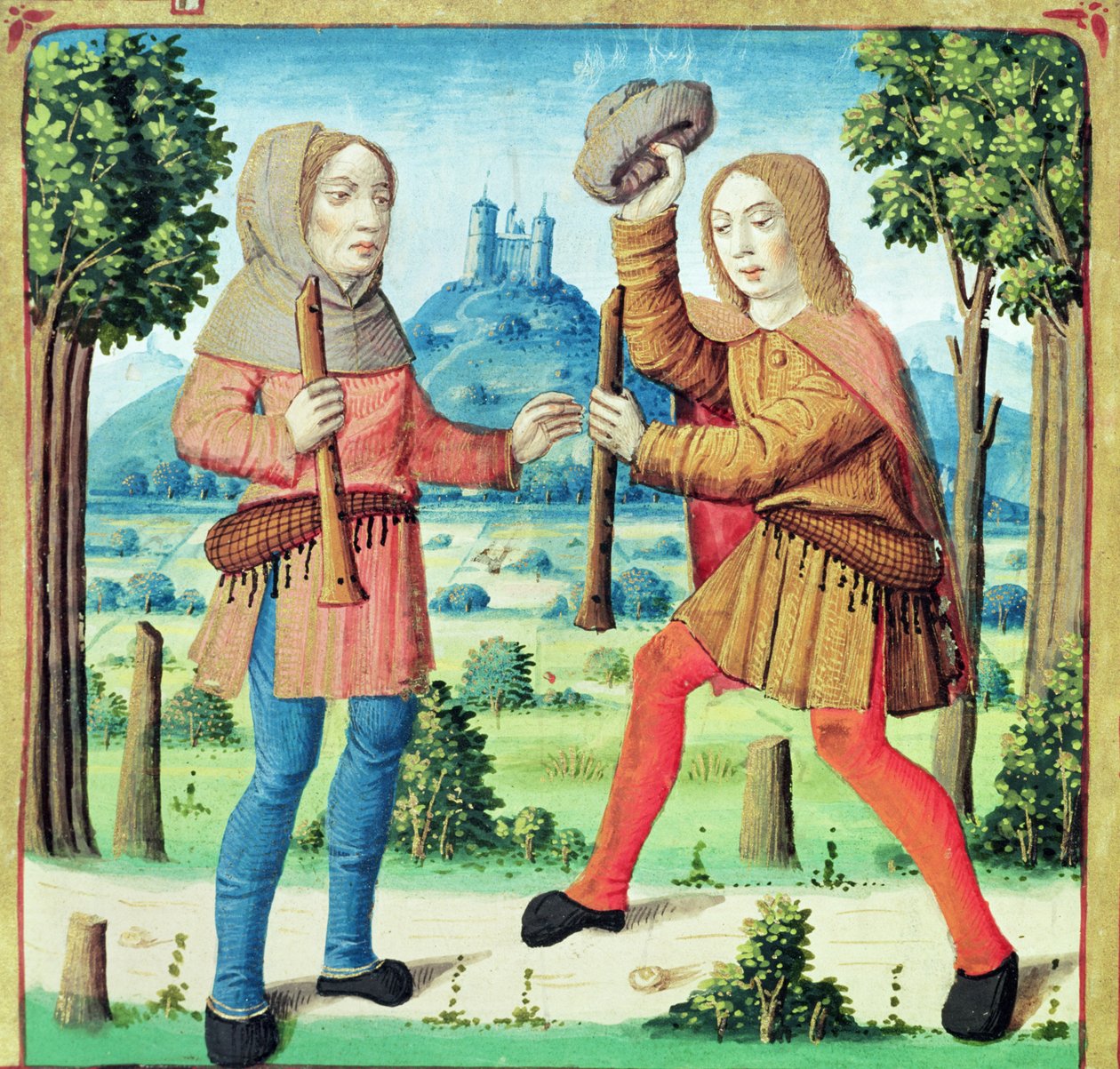Ms 493 f.10v الرعاة دميتاس ومينالكاس يتحدىان بعضهما البعض في مسابقة موسيقية ، من The Eclogues by Virgil مع تعليق بواسطة Servius ، 1469 بواسطة المدرسة الفرنسية